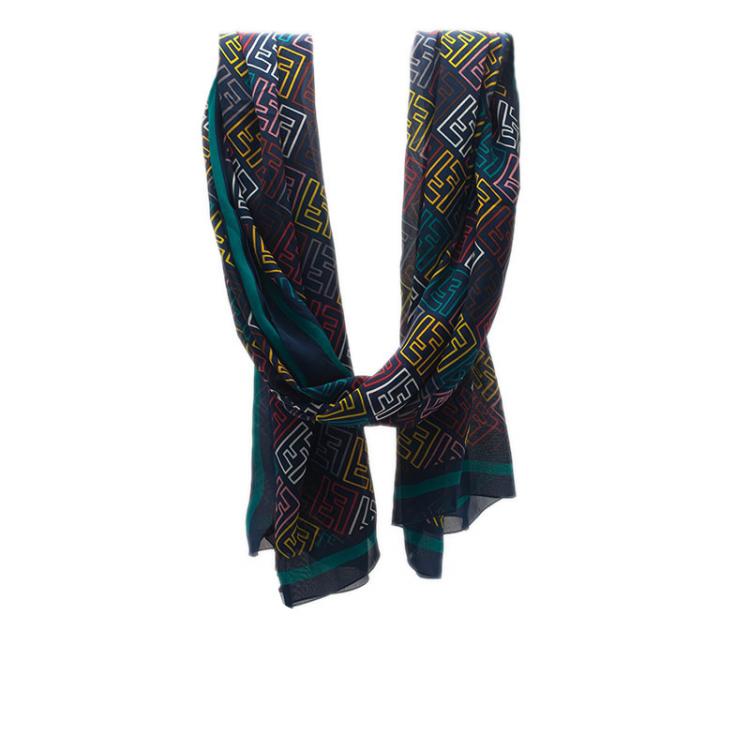 Pre Owned Fendi Blue Multicolor Zucca Silk Stole