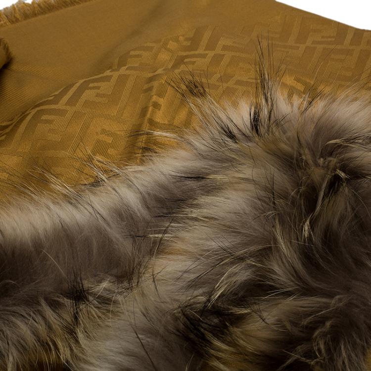 Pre Owned Fendi Brown FF Monogram Silk, Wool & Murmansky Fur Shawl
