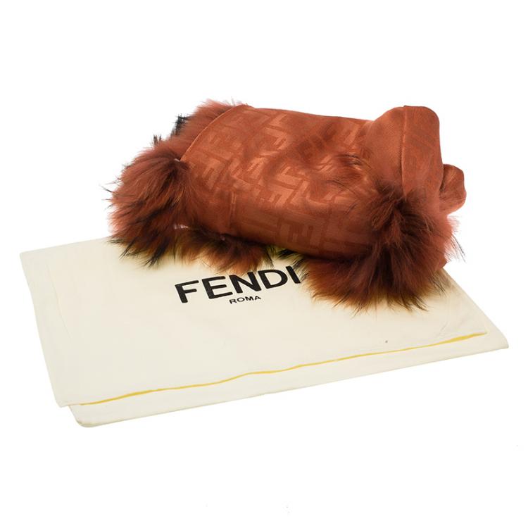 Pre Owned Fendi Brick Orange FF Monogram Silk, Wool & Murmansky Fur Shawl