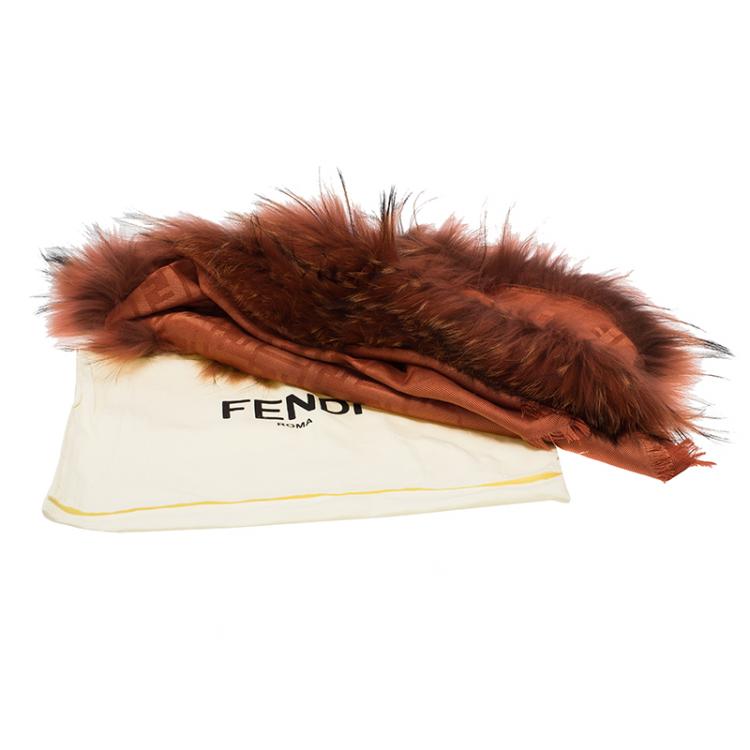 Pre Owned Fendi Brick Orange FF Monogram Silk, Wool & Murmansky Fur Shawl