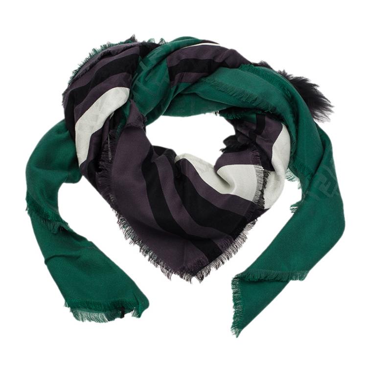 Fendi Green Striped Monogram Silk, & Murmansky Fur Shawl Fendi TLC