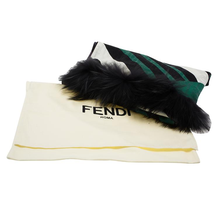 Pre Owned Fendi Green Striped FF Monogram Silk, Wool & Murmansky Fur Shawl