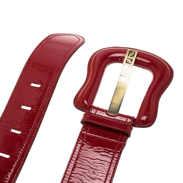 Pre Owned Fendi Red Patent Leather B Buckle Belt 85 CM