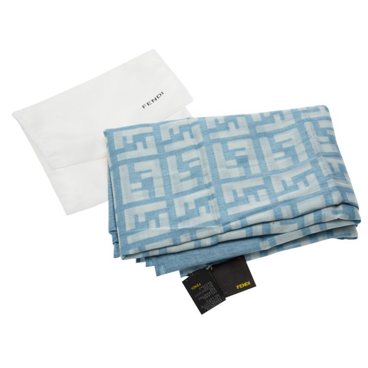 Pre Owned Fendi Light Blue Zucca Cotton Scarf