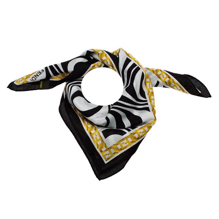 Pre Owned Fendi Black and White Cotton Square Scarf