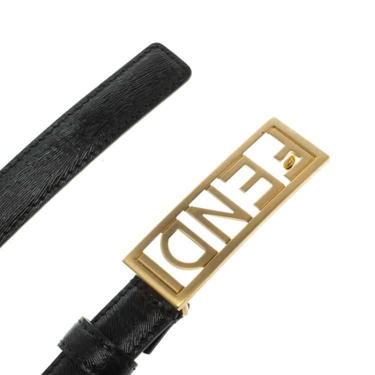 Pre Owned Fendi Black Glazed Leather Logo Buckle Belt 95 CM