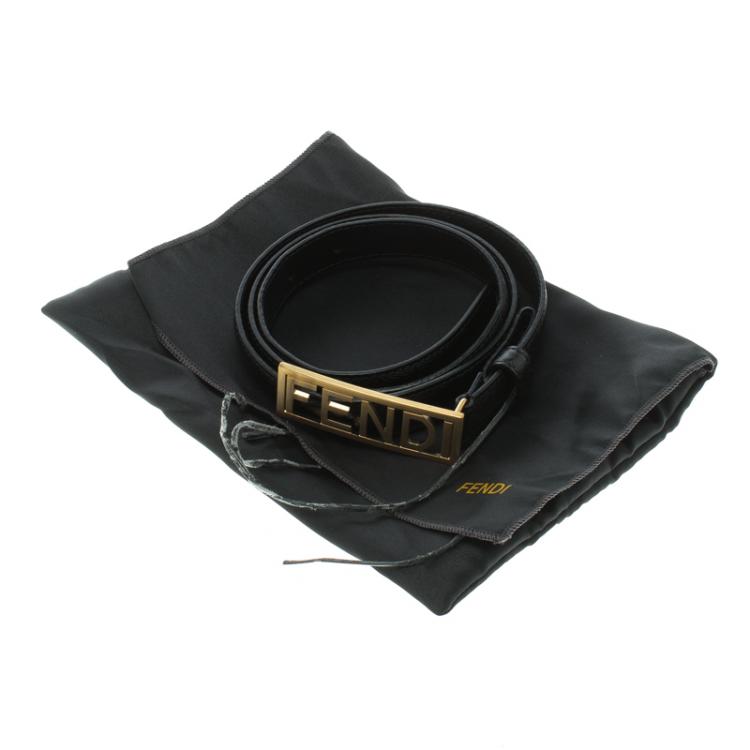 Pre Owned Fendi Black Glazed Leather Logo Buckle Belt 95 CM