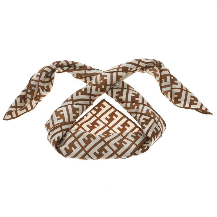 Pre Owned Fendi Brown and Cream Zucca Printed Silk Square Scarf