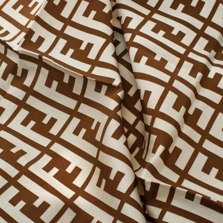 Pre Owned Fendi Brown and Cream Zucca Printed Silk Square Scarf