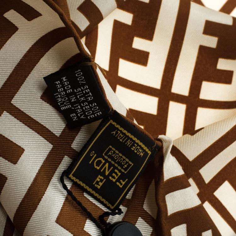 Pre Owned Fendi Brown and Cream Zucca Printed Silk Square Scarf