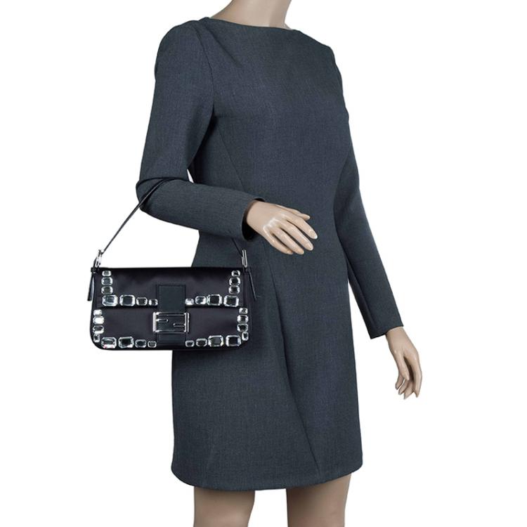 Pre Owned Fendi Black Satin/Leather Crystal Embellishments Baguette Shoulder Bag