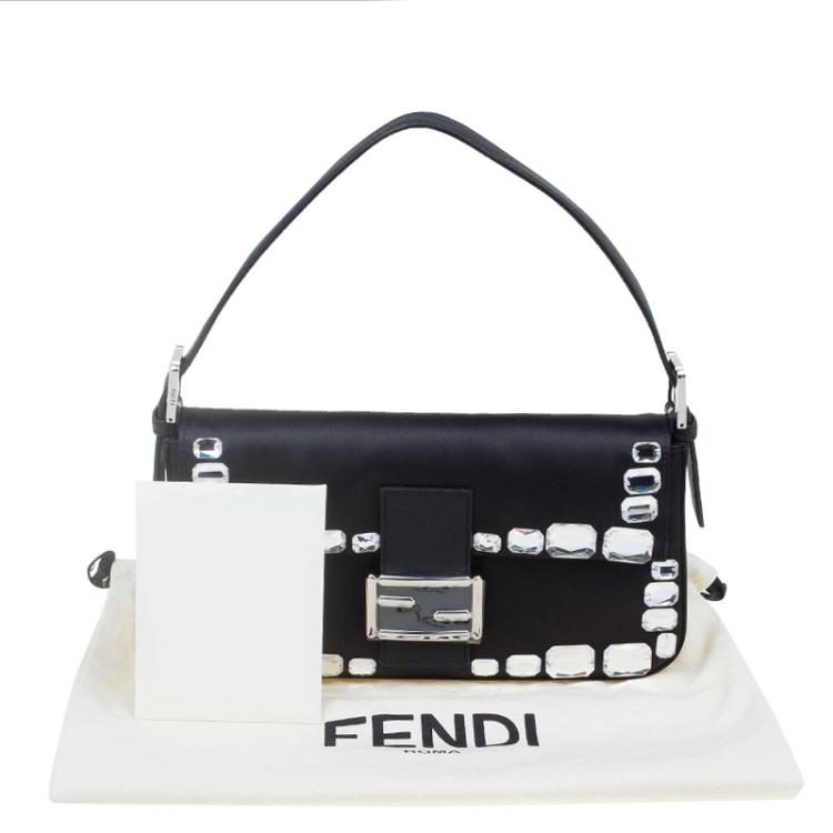 Pre Owned Fendi Black Satin/Leather Crystal Embellishments Baguette Shoulder Bag
