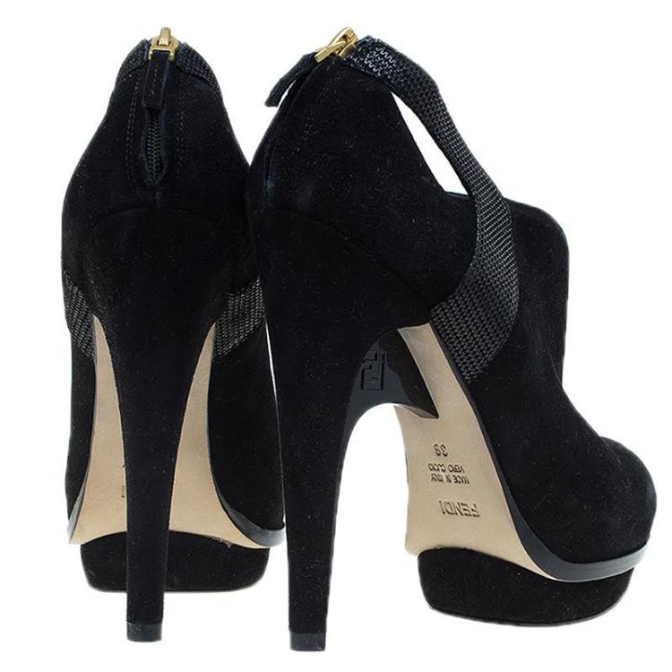مملوكة مسبقًا Fendi Black Suede Cutout Platform Ankle Booties Size 39