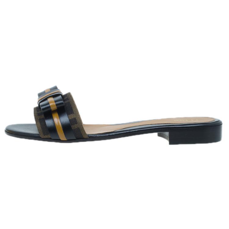 Pre Owned Fendi Tobacco Zucca Canvas and Leather Pride and Prejudice Bow Flat Slides Size 38