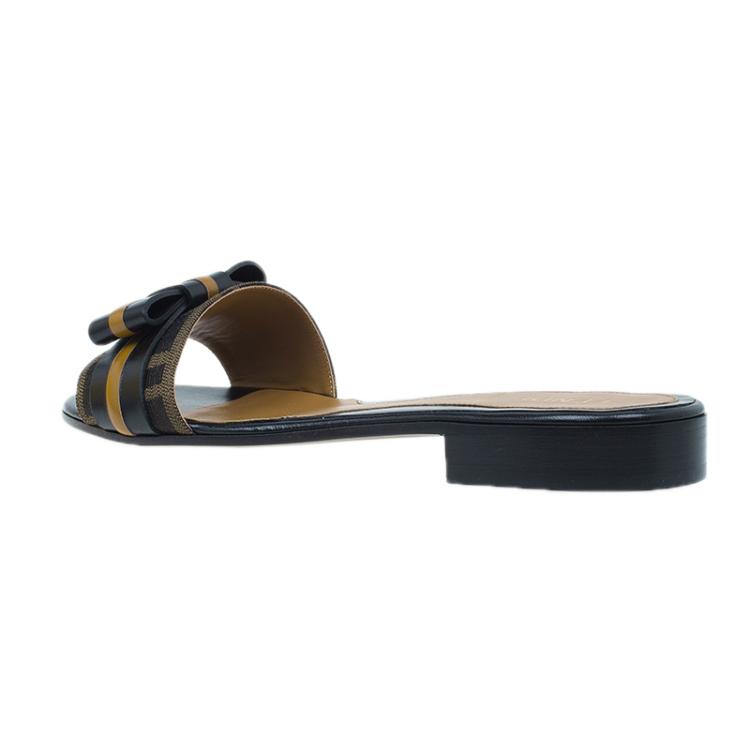 Pre Owned Fendi Tobacco Zucca Canvas and Leather Pride and Prejudice Bow Flat Slides Size 38