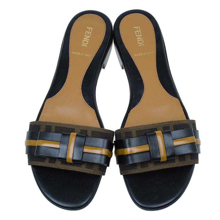 Pre Owned Fendi Tobacco Zucca Canvas and Leather Pride and Prejudice Bow Flat Slides Size 38