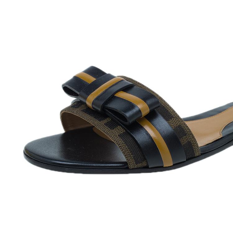 Pre Owned Fendi Tobacco Zucca Canvas and Leather Pride and Prejudice Bow Flat Slides Size 38
