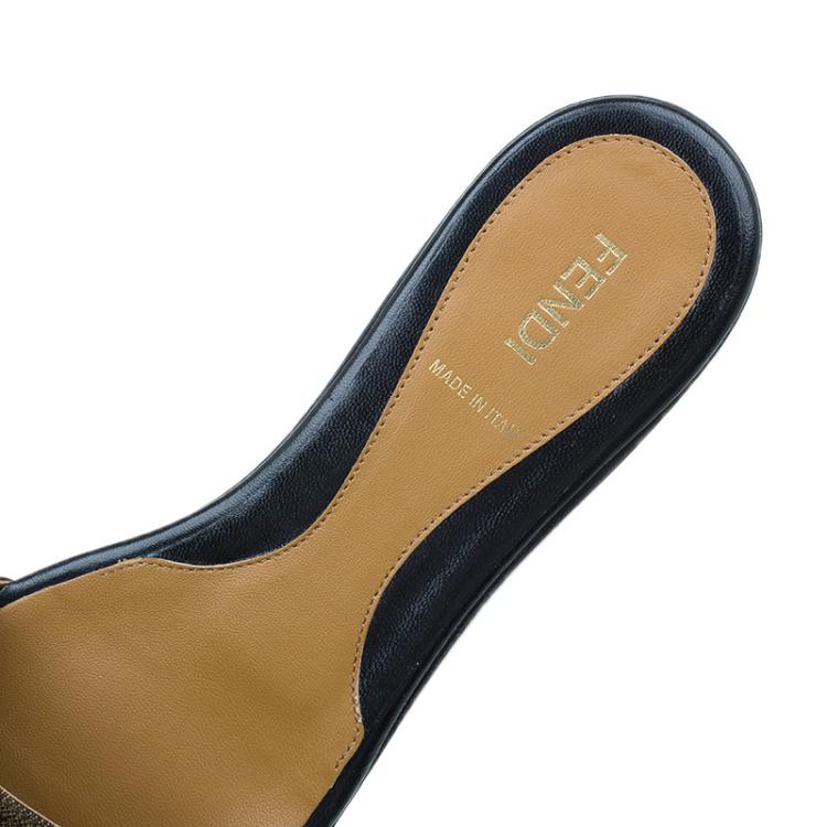 Pre Owned Fendi Tobacco Zucca Canvas and Leather Pride and Prejudice Bow Flat Slides Size 38