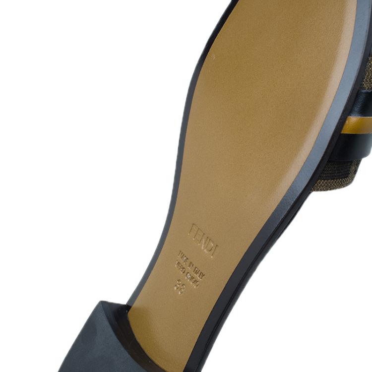 Pre Owned Fendi Tobacco Zucca Canvas and Leather Pride and Prejudice Bow Flat Slides Size 38