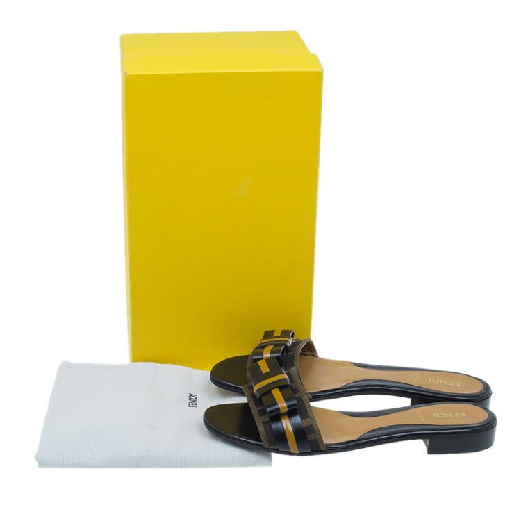 Pre Owned Fendi Tobacco Zucca Canvas and Leather Pride and Prejudice Bow Flat Slides Size 38
