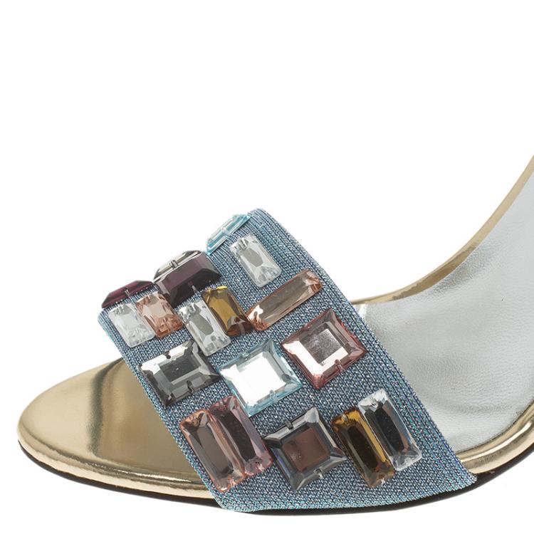 Pre Owned Fendi Silver Glitter Fantasia Embellished Ankle Strap Sandals Size 39.5