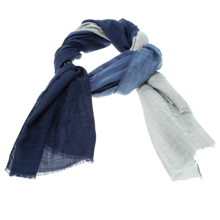 Pre Owned Fendi Blue Ombre Zucca Silk and Wool Shawl