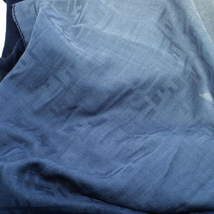 Pre Owned Fendi Blue Ombre Zucca Silk and Wool Shawl