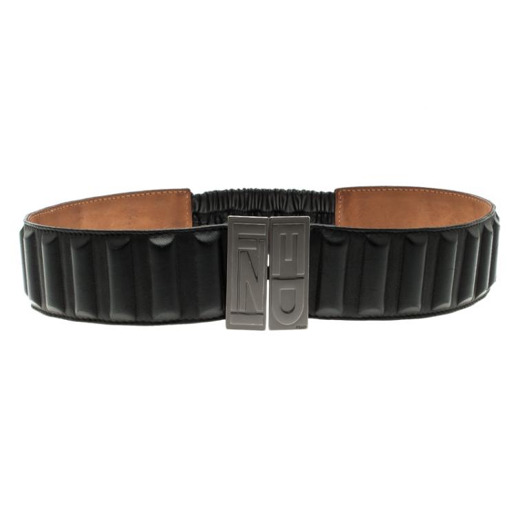 Fendi Black Leather Wide Elastic Belt 