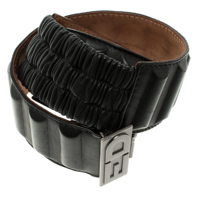Pre Owned Fendi Black Leather Wide Elastic Belt 85 CM
