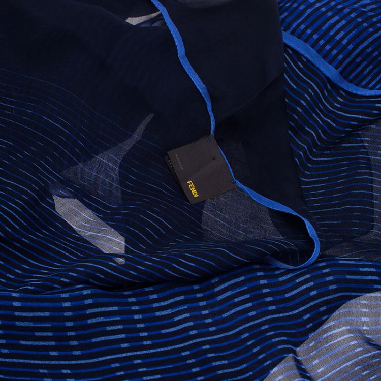 Pre Owned Fendi Blue Zucca Striped Silk Scarf