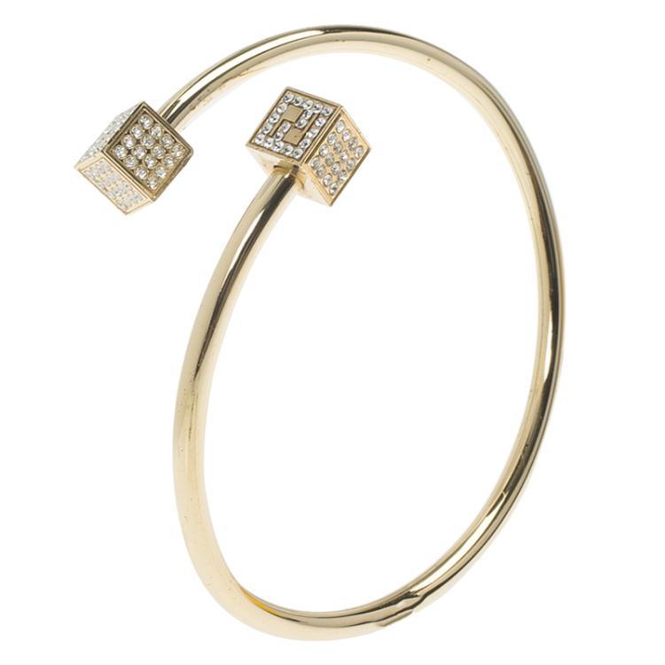 Pre Owned Fendi Crystal FF Cube Gold Tone Cuff Bracelet
