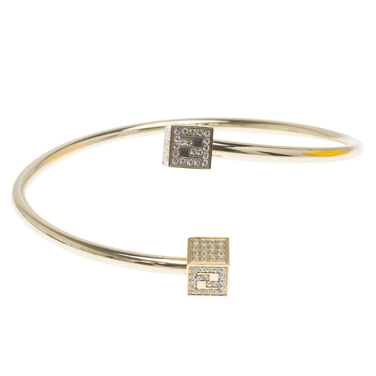 Pre Owned Fendi Crystal FF Cube Gold Tone Cuff Bracelet