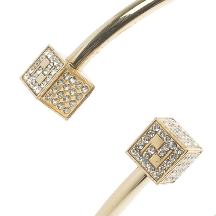 Pre Owned Fendi Crystal FF Cube Gold Tone Cuff Bracelet