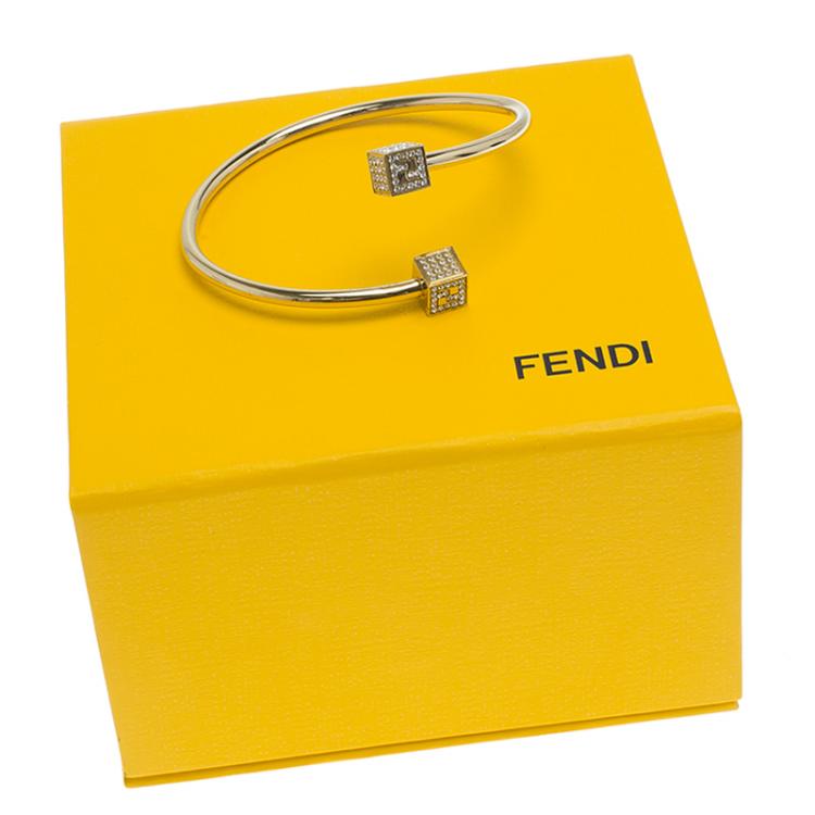 Pre Owned Fendi Crystal FF Cube Gold Tone Cuff Bracelet