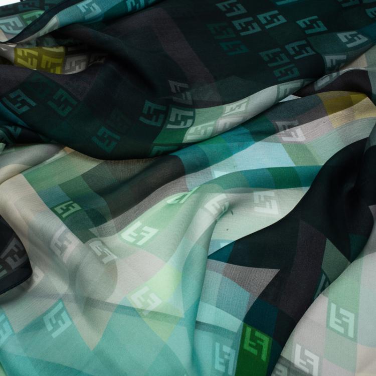 Pre Owned Fendi Monogram Green Zucchino Pixel Silk Scarf