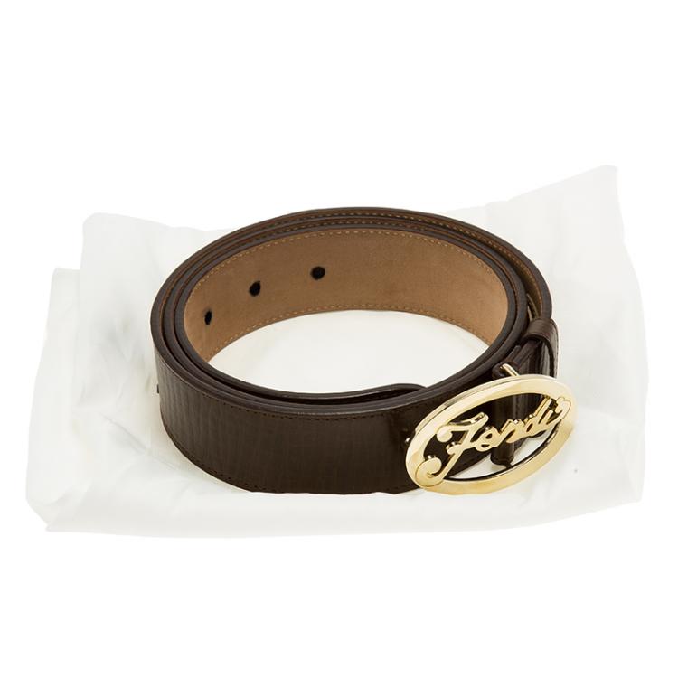 Pre Owned Fendi Brown Leather Oval Plaque Buckle Belt 100 CM