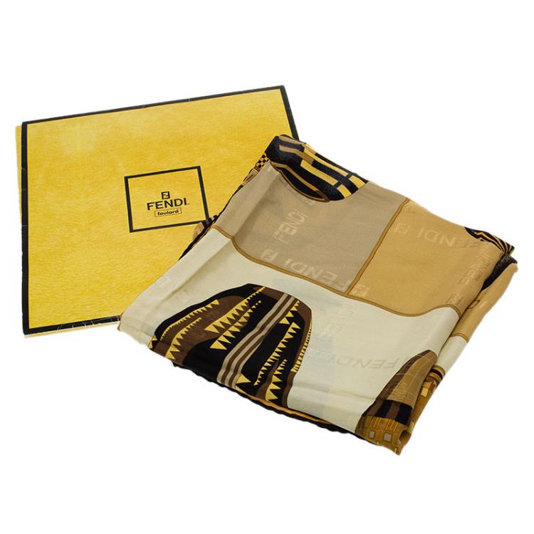 Pre Owned Fendi Brown Printed Silk Square Scarf