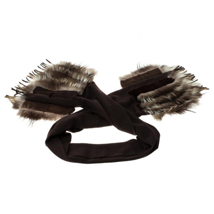 Pre Owned Fendi Brown Cashmere Fur Trim Scarf