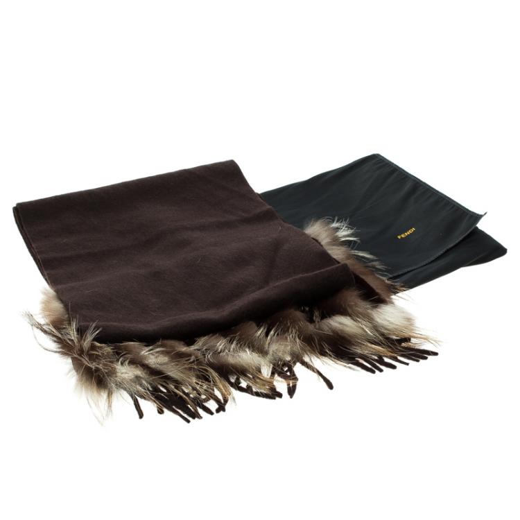 Pre Owned Fendi Brown Cashmere Fur Trim Scarf