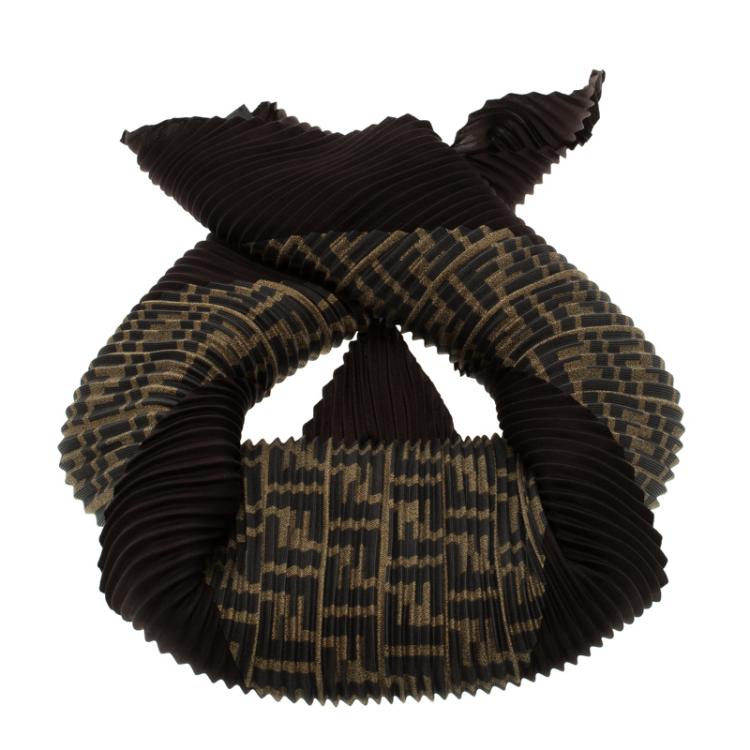 Pre Owned Fendi Brown Zucca Printed Plisse Silk Diamond Scarf