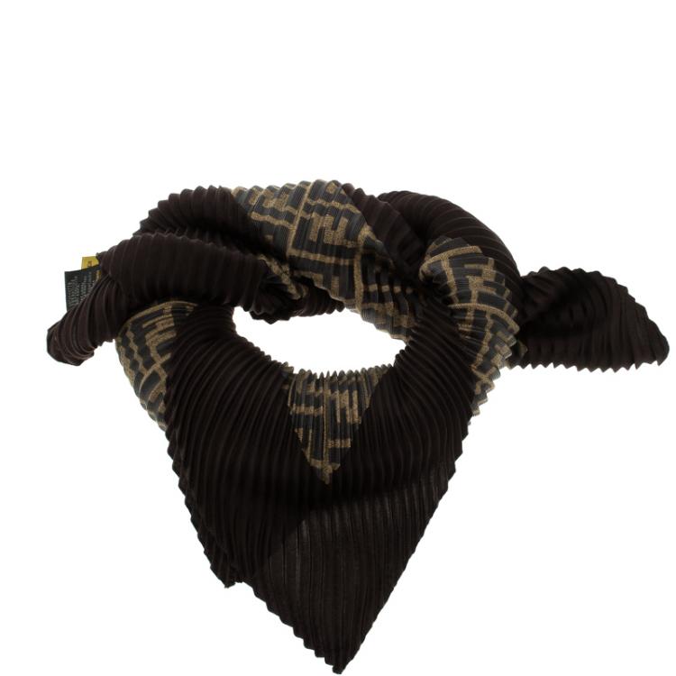Pre Owned Fendi Brown Zucca Printed Plisse Silk Diamond Scarf