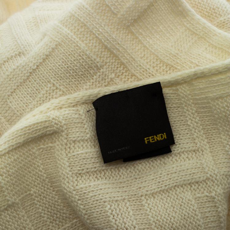 Pre Owned Fendi Cream Textured Wool and Cashmere Zucca Pattern Muffler 