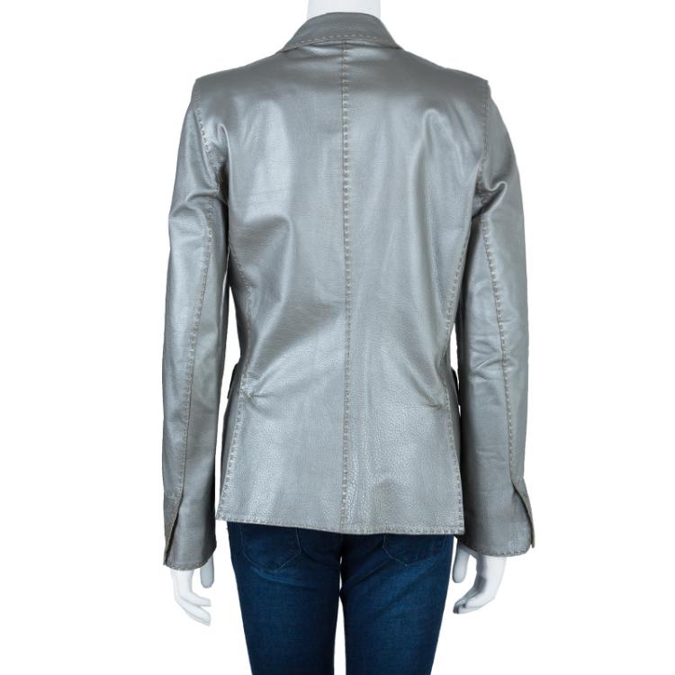 Pre Owned Fendi Metallic Grey Leather Blazer L