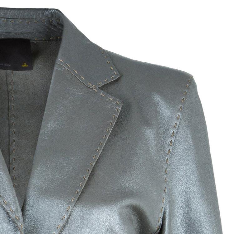 Pre Owned Fendi Metallic Grey Leather Blazer L