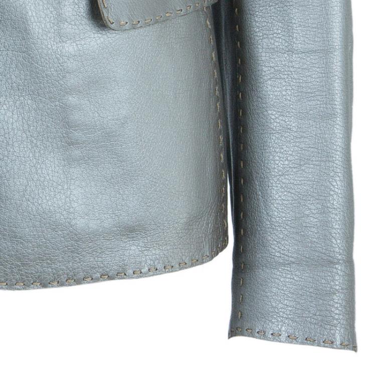 Pre Owned Fendi Metallic Grey Leather Blazer L