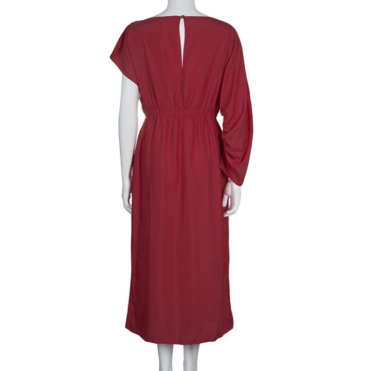 Pre Owned Fendi Red Silk Asymmetric Sleeve Gathered Crossover Dress L