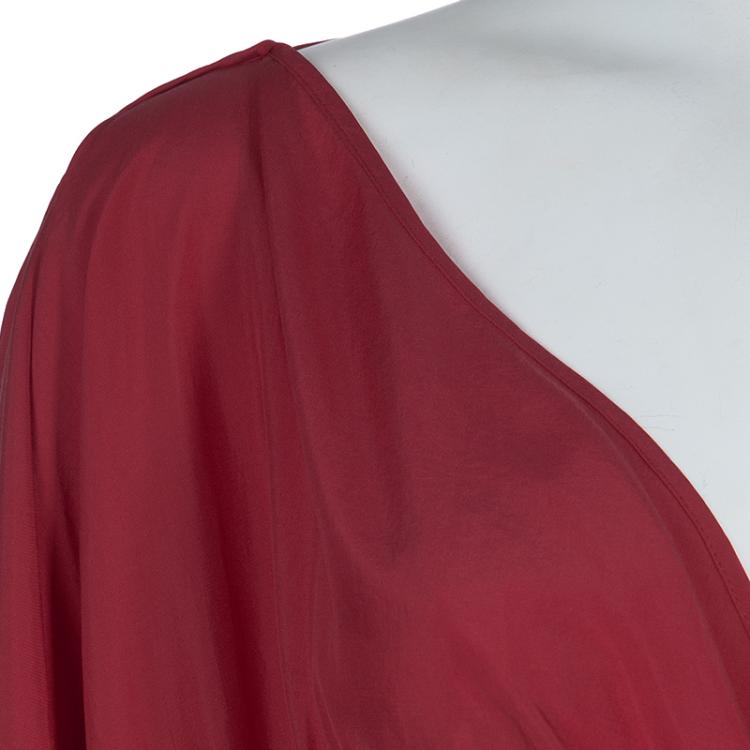 Pre Owned Fendi Red Silk Asymmetric Sleeve Gathered Crossover Dress L