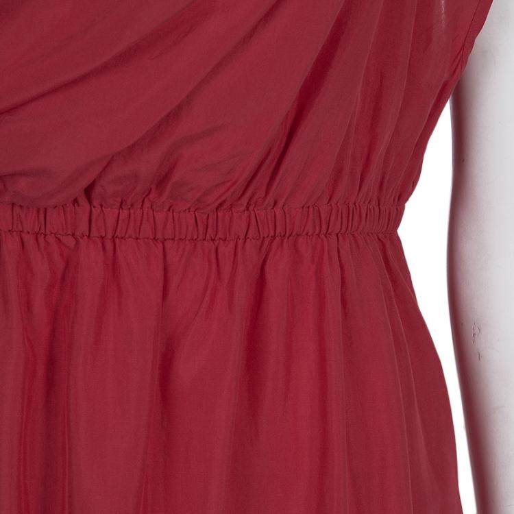 Pre Owned Fendi Red Silk Asymmetric Sleeve Gathered Crossover Dress L