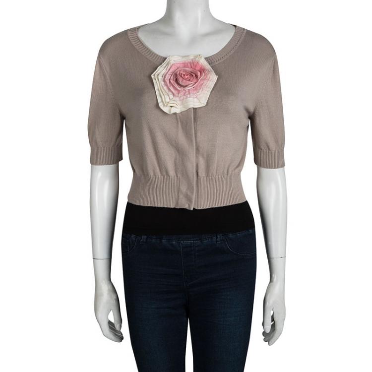 Pre Owned Fendi Beige Floral Applique Detail Short Sleeve Cropped Cardigan M