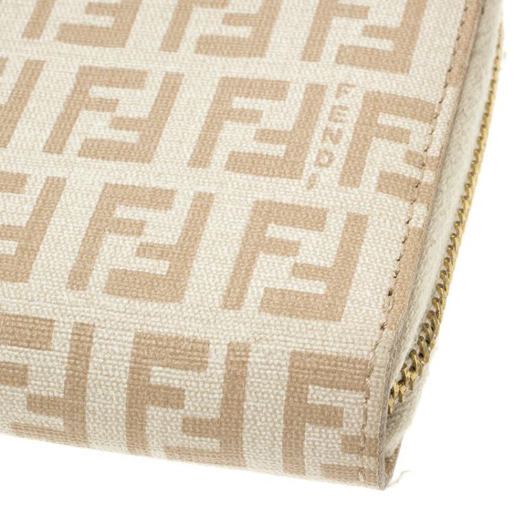 Pre Owned Fendi White/Beige Zucchino Spalmati Zip Around Wallet